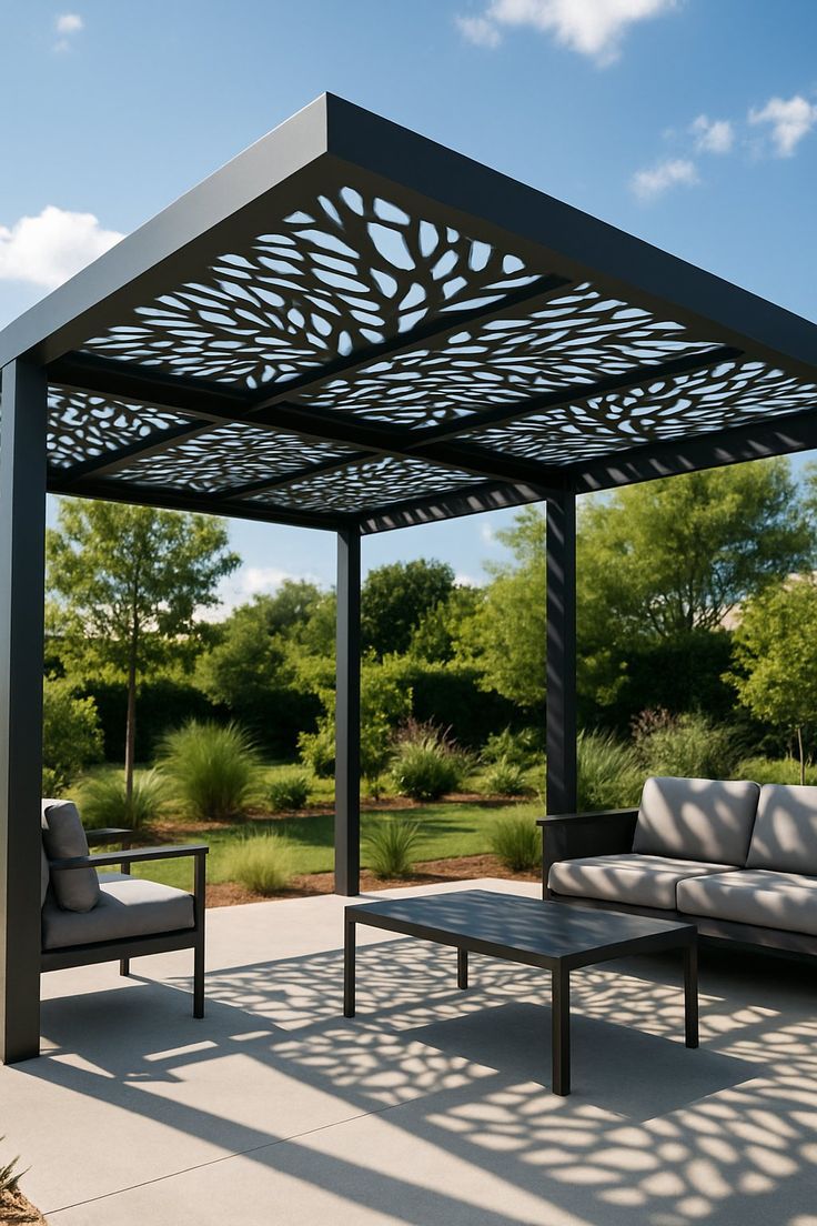 Modern Laser-Cut Steel Pergola with Decorative Roof Panels