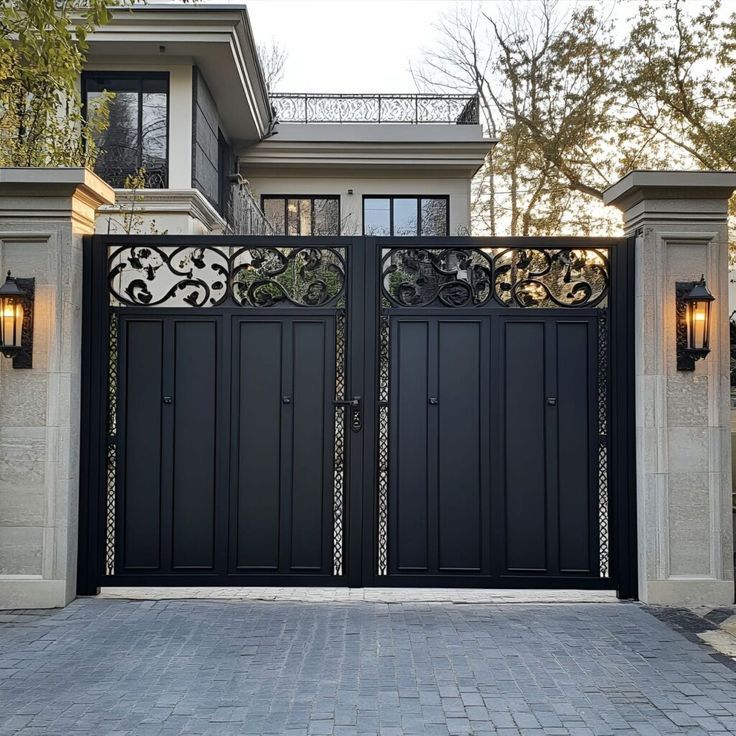 Elegant Wrought Iron Swing Gate with Decorative Scrollwork