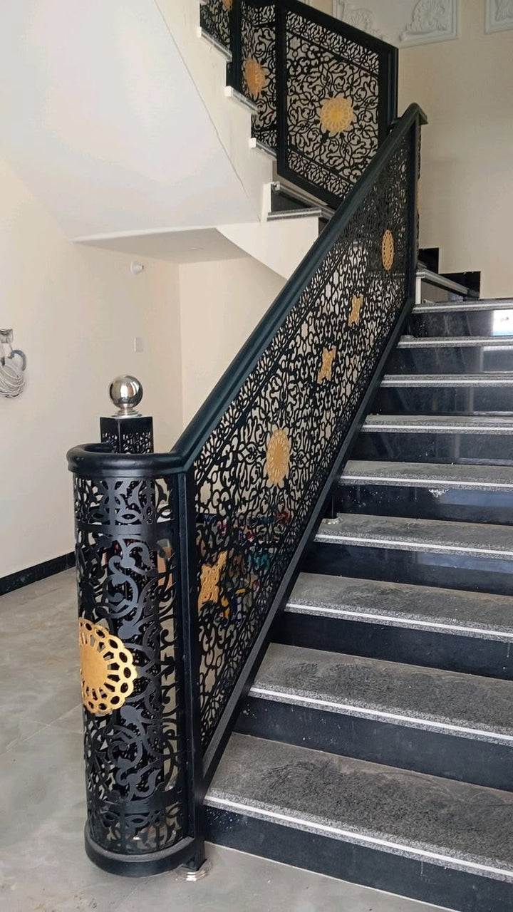Luxury Laser Cut MS Steel Stair Railing | Ornamental Decorative Metal Handrail with Gold Accents