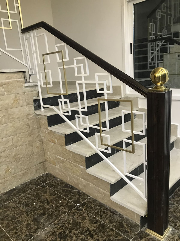 Luxury Modern MS Steel Stair Railing | White & Gold Geometric Metal Handrail Design