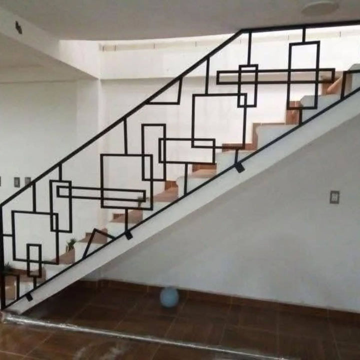 Modern Geometric MS Steel Stair Railing | Contemporary Square Pattern Metal Handrail Design