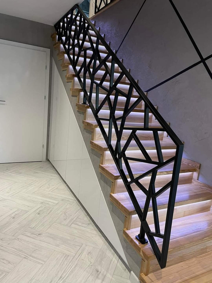 Luxury Modern MS Steel Stair Railing | Abstract Geometric Metal Handrail Design for Contemporary Homes