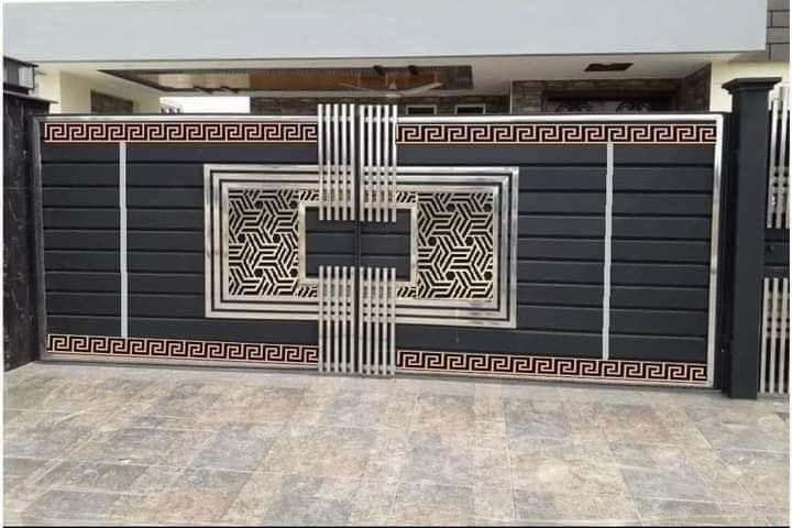 Modern Geometric Steel Sliding Gate with Decorative Laser-Cut Panels