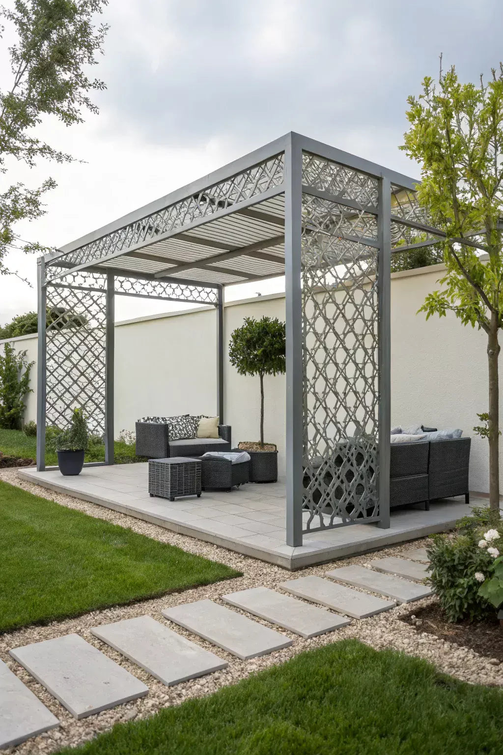 Modern Steel Pergola with Decorative Laser-Cut Privacy Panels
