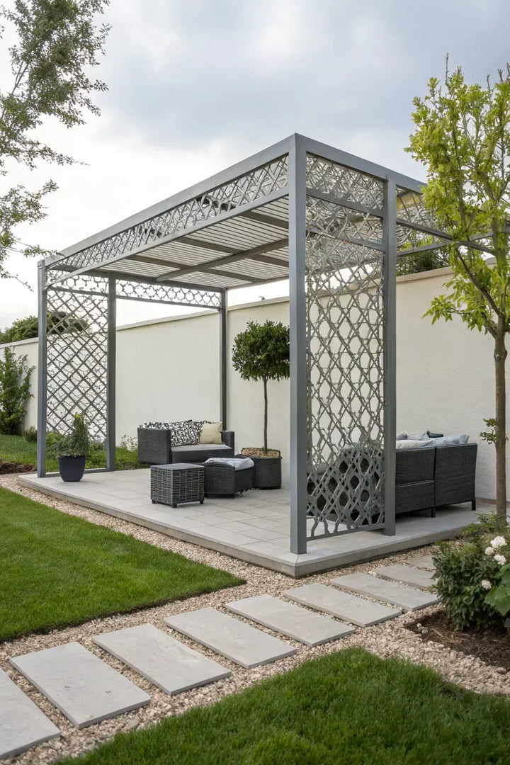 Modern Steel Pergola with Decorative Laser-Cut Privacy Panels