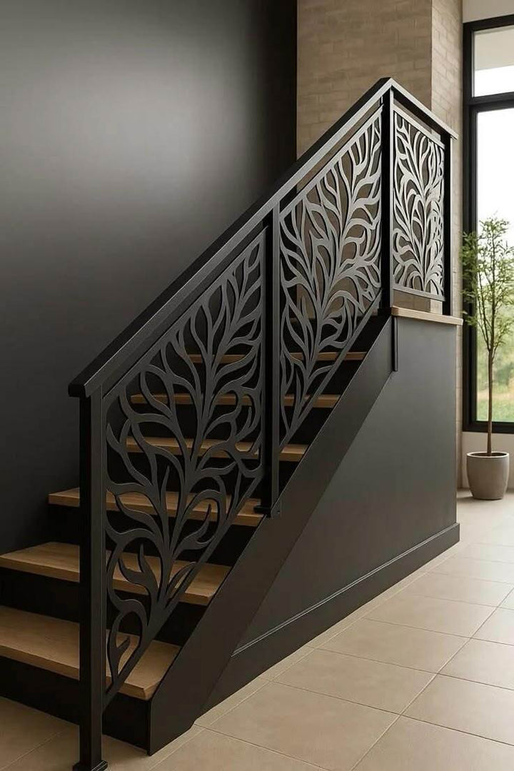 Luxury Laser Cut MS Steel Stair Railing | Modern Decorative Metal Handrail with Nature-Inspired Design