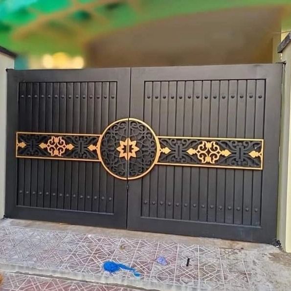 Modern Steel Entrance Gate with Decorative Gold Accent Panels