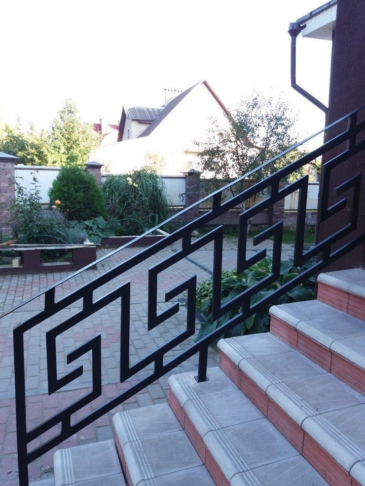 Modern MS Steel Stair Railing with Greek Key Design | Decorative Black Metal Handrail