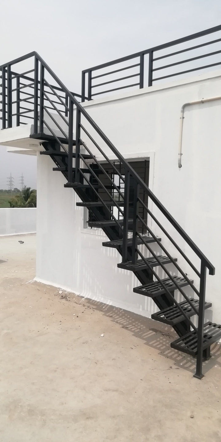 Modern MS Steel Staircase with Black Powder-Coated Railing | Durable & Stylish Outdoor Stair Design