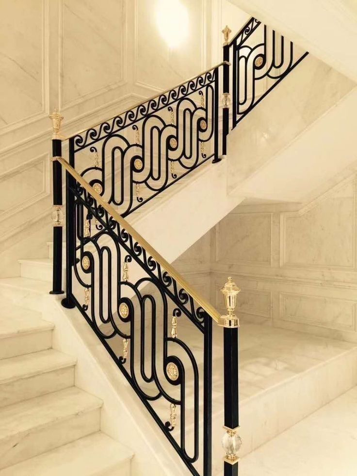 Luxury Wrought Iron Stair Railing | Modern MS Steel Staircase Handrail with Gold Accents